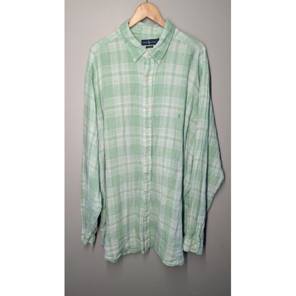 Ralph Lauren 3XLT Big Green White Plaid Linen Long Sleeve Button-Down Shirt